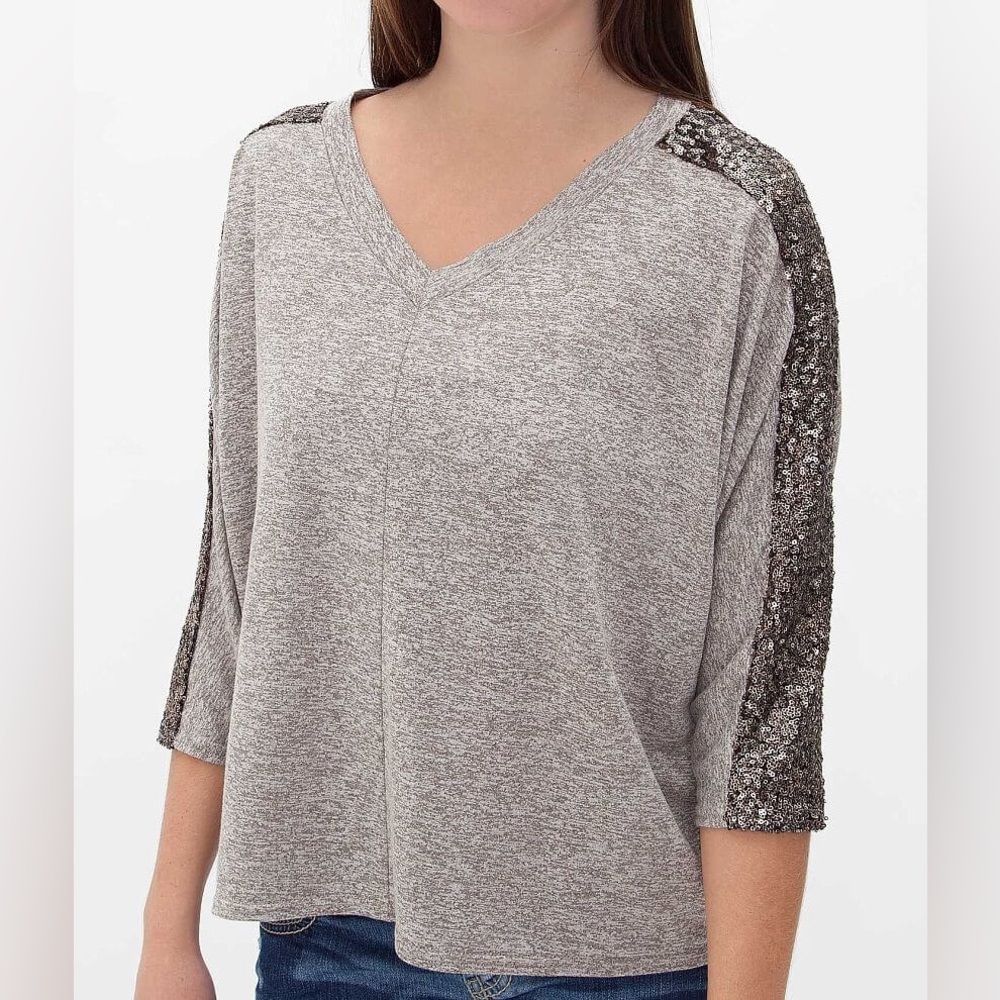 Daytrip Gray Sequin Sleeve Top Women’s Large NWOT Glam Party Blouse